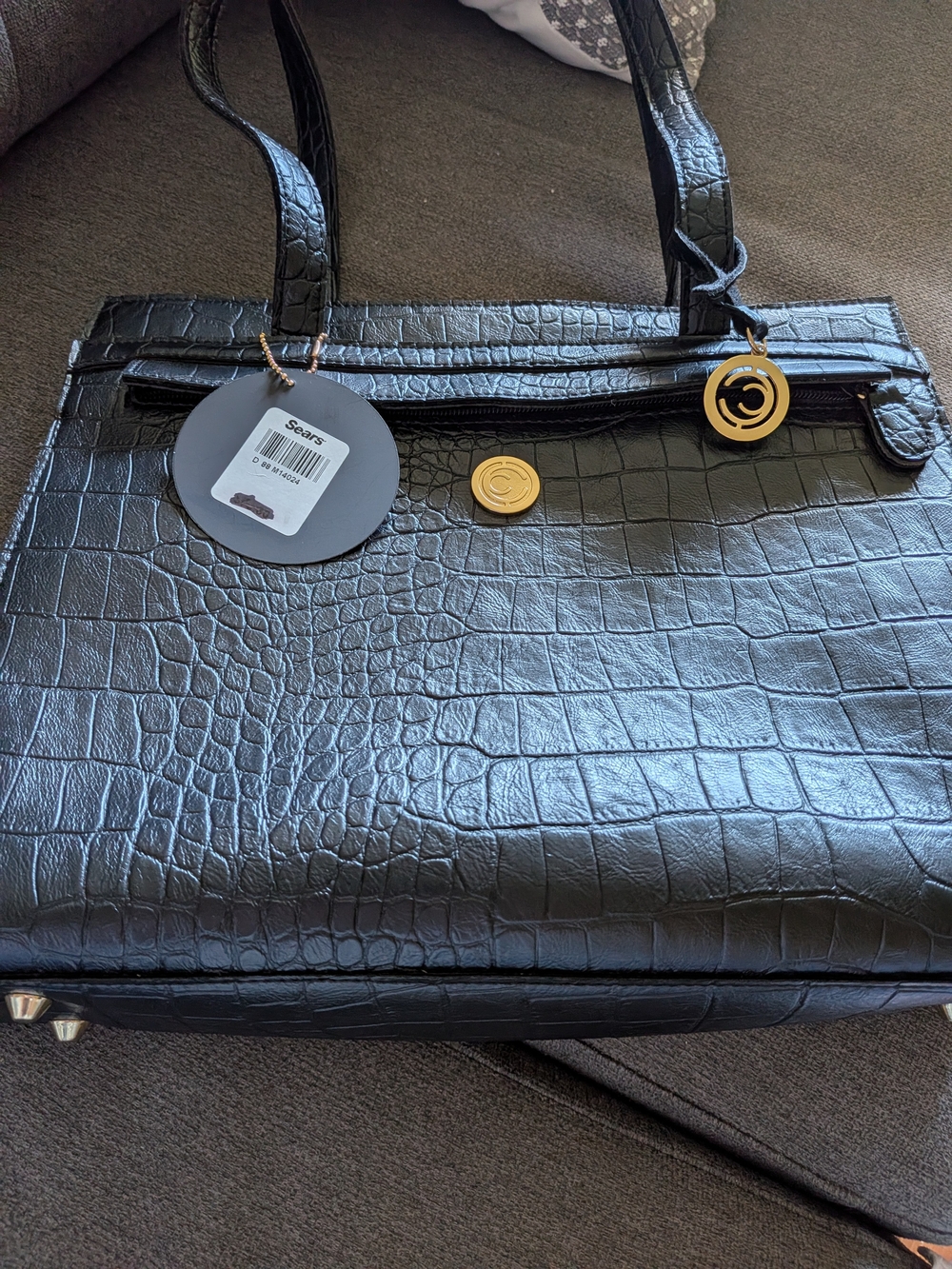 April Cornell Black Croc-Embossed Tote with Gold Accents